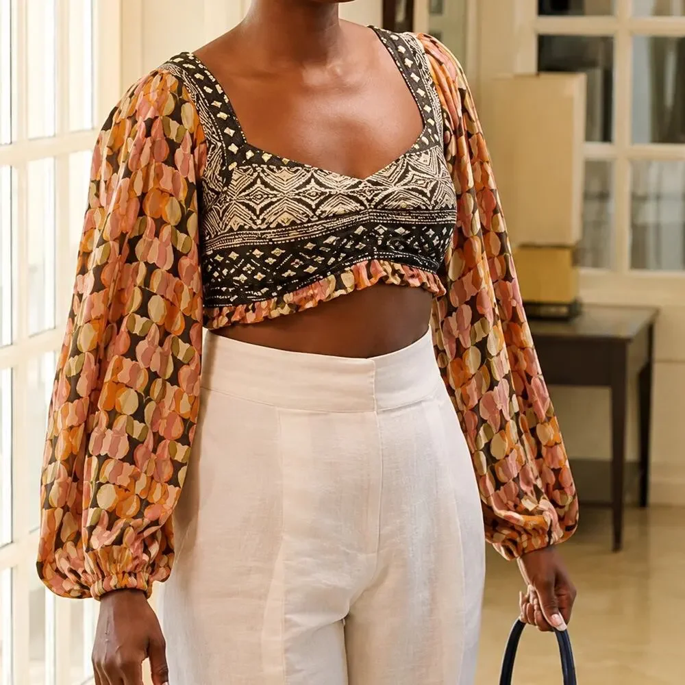 Free People Naomi Mixed Print Crop Top Balloon Sleeve Smocked Back Women's Med